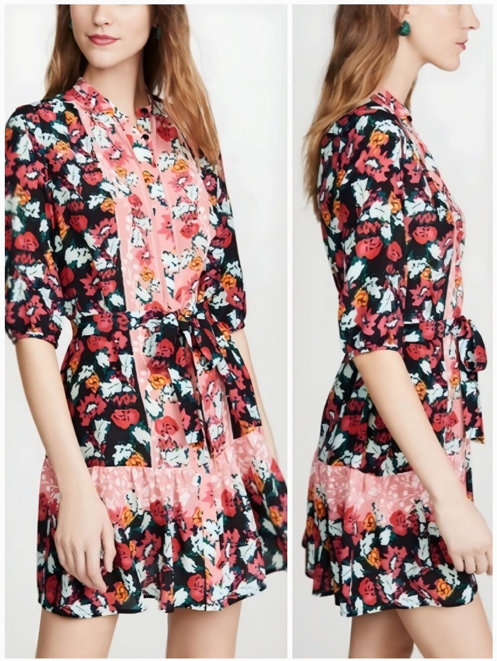 SALONI Silk Floral Button Up Tie Waist Pink Tyra Dress, 6